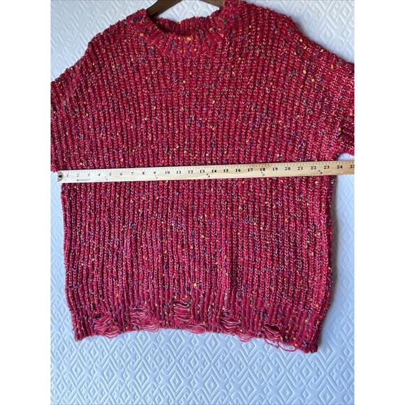 Main Strip Distressed Mini Pom Pom Confetti Sweater Red Multi Size LARGE Womens - Picture 7 of 9